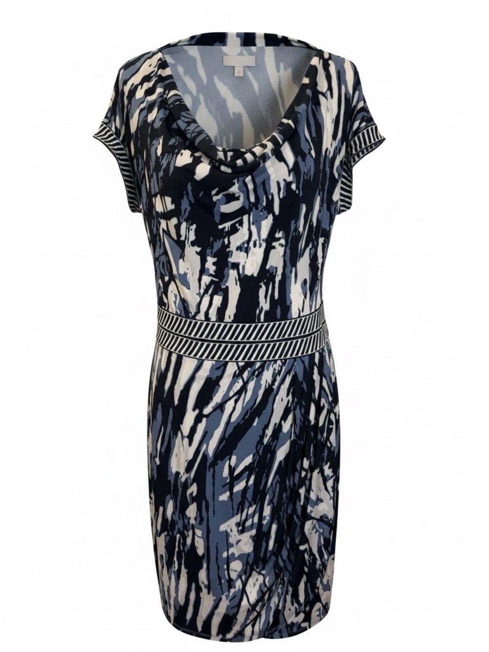 BCBGMaxAzria Navy and White Abstract Cowl Neck Midi Dress